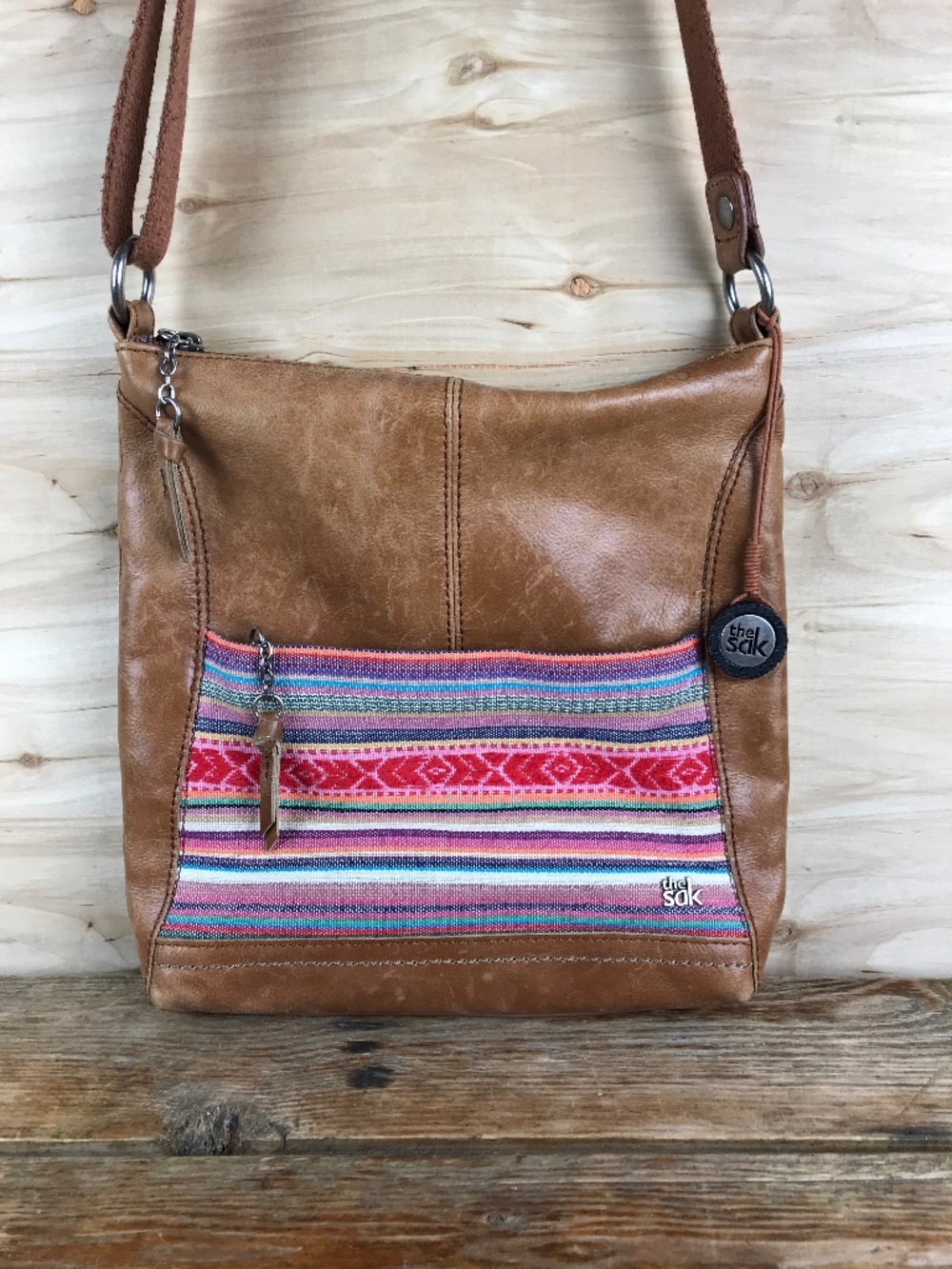 The Sak Brown Leather Boho Crossbody Woven Colorful Bag Purse Hippie - Picture 1 of 15